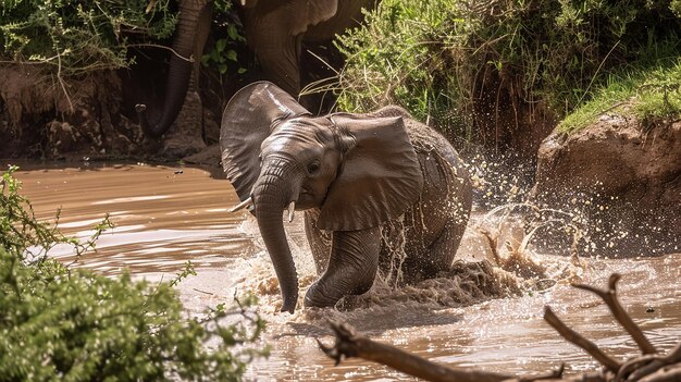 an image of a playful baby elephant splash