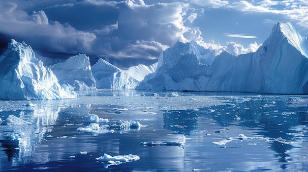 An image of polar ice caps melting and calving icebergs