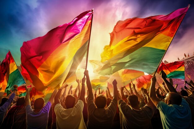 An image of a political rally with supporters waving campaign flags