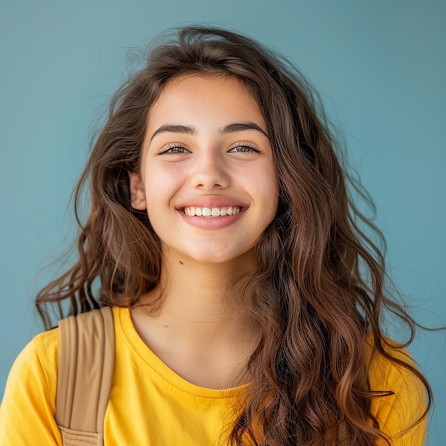 image portrait of smiling young female college school pretty student girl solid background