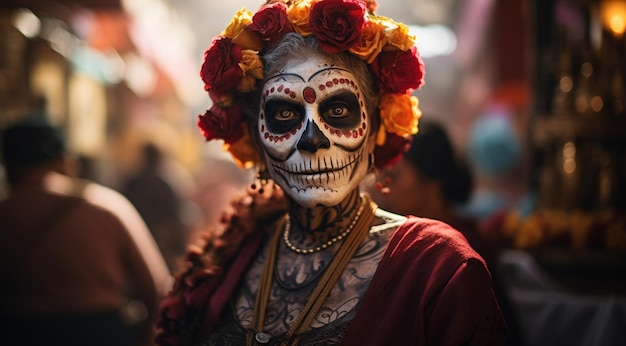 image portrait woman party costume of the day of the dead in Mexico with flowers