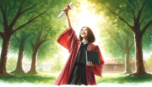 The image portrays a young woman celebrating her graduation outdoors joyfully holding her diploma