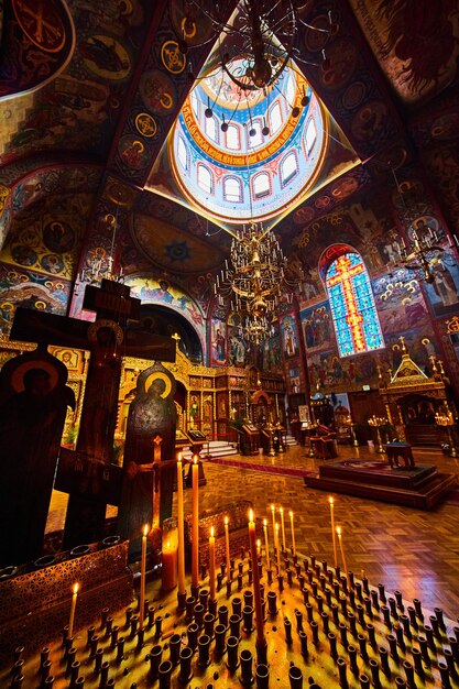 Image of Prayer candles lit inside Holy Virgin Cathedral