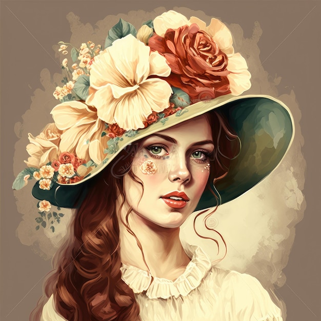 Image of pretty woman wearing hat decorated with flower and petal in victoria