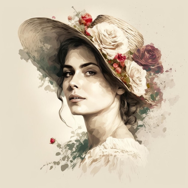 Image of pretty woman wearing hat decorated with flower and petal in victoria