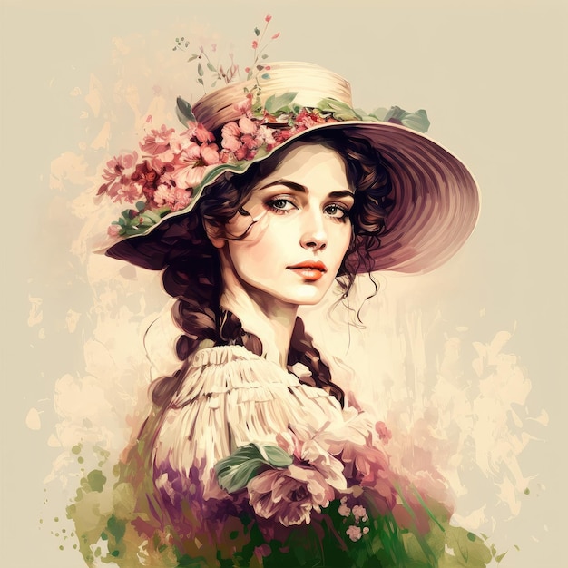 Image of pretty woman wearing hat decorated with flower and petal in victoria