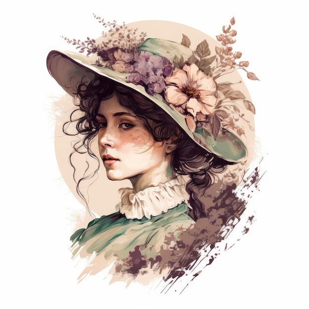 Image of pretty woman wearing hat decorated with flower and petal in victoria