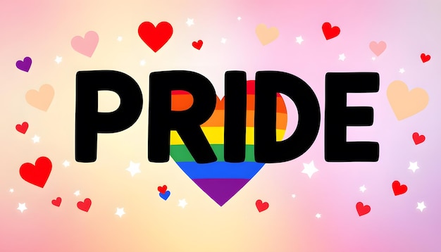 Photo image of pride text over hearts stars and rainbow background isolated with white highlights