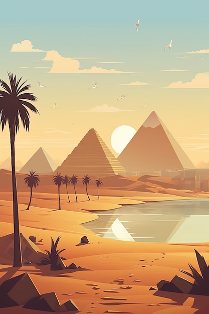 Photo an image of the pyramids and palm trees