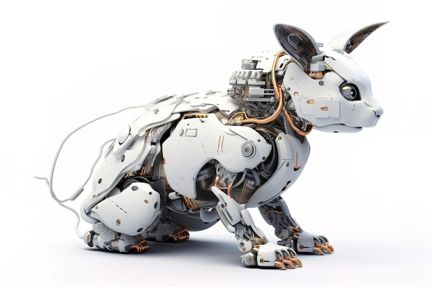 Image of a rabbit modified into a robot on a white background Wild animal illustration generative AI