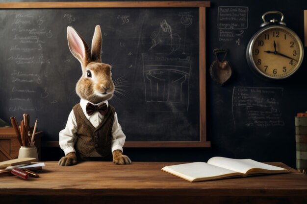 image of a rabbit sitting in the classroom at a table in front of a blackboard and a clock