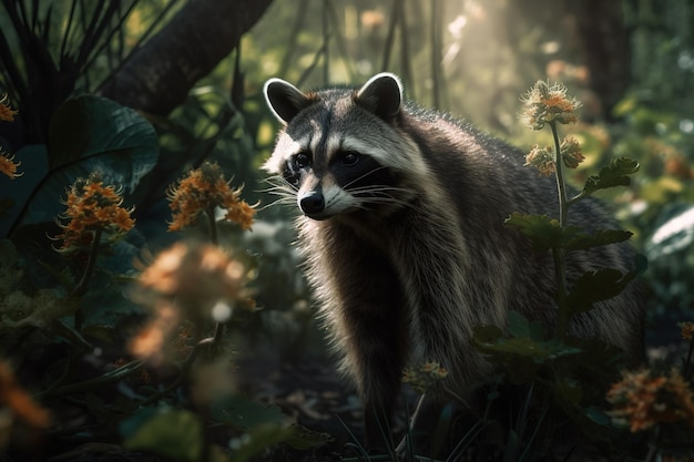 Image of raccoons in colorful tropical flower gardens Wildlife Animals Illustration Generative AI