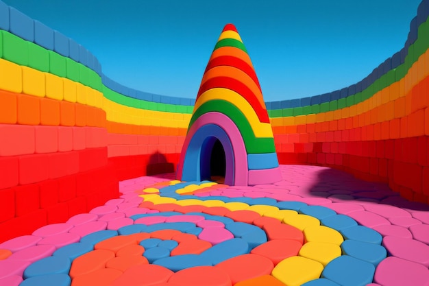 an image of a rainbow colored building in the middle of a field