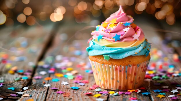 Photo image of a rainbow colored cupcake