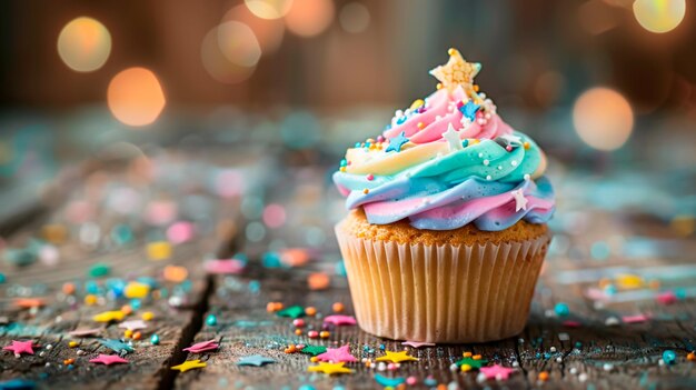 Image of a rainbow colored cupcake