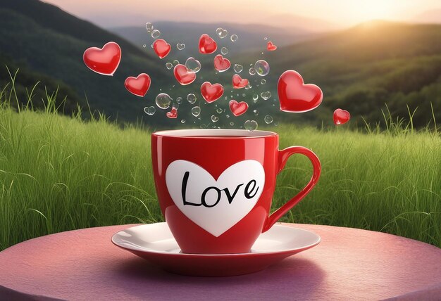 image of a realistic red cup of coffee and hearts coming out in the cup with a natural background