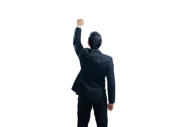 Image of rear view of asian businessman with arms up