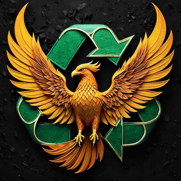 an image of the recycle symbol rising like a phoenix from the ashes