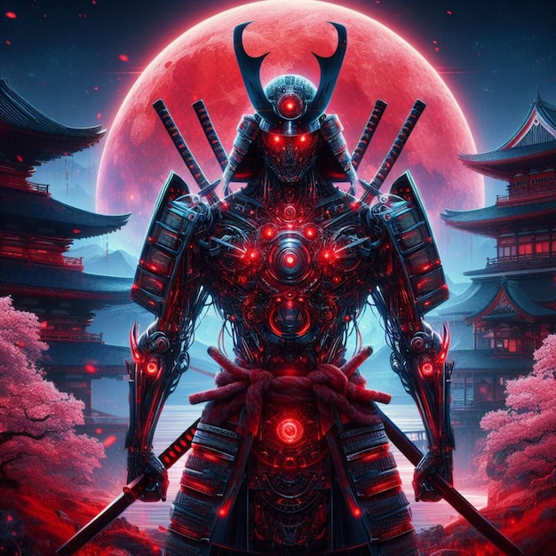 Image of red glowing futuristic samurai robot standing in front of a red moon