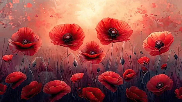 Photo an image of red poppies in a field