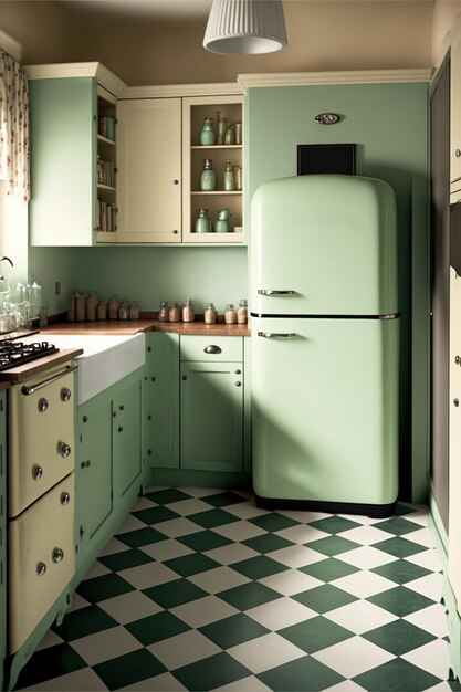 Image of retro kitchen interiors with fridge and appliances created using generative ai technology