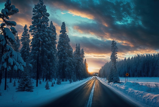 Image of a road in the wintertime with pine trees and a beautiful sky in the background