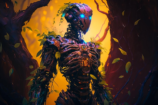 An image of robot standing in the woods Generative AI