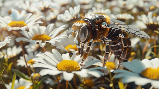 image of a robotic bee in the middle of a field of white daisies