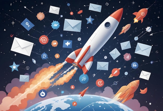 image of a rocket labeled Marketing Campaign launching from a platform made of social media icons