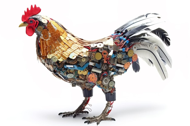 Image of a rooster modified into a robot on a white background Farm animals illustration generative AI