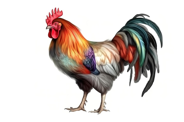 Image of rooster standing on white background Farm animal illustration generative AI