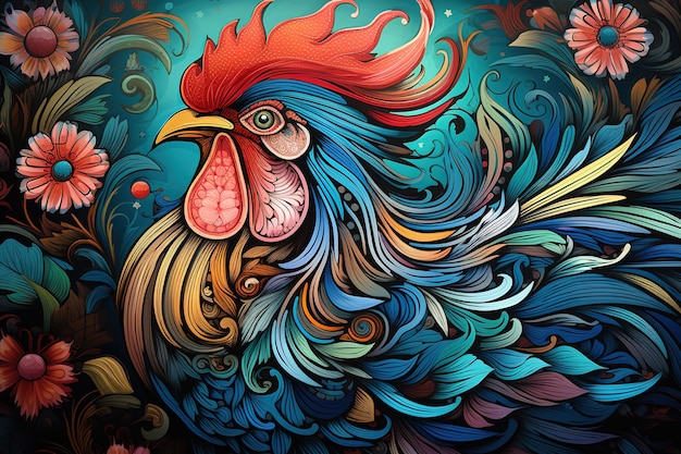 Image of rooster with beautiful patterns and colors Farm animals Generative AI Illustration