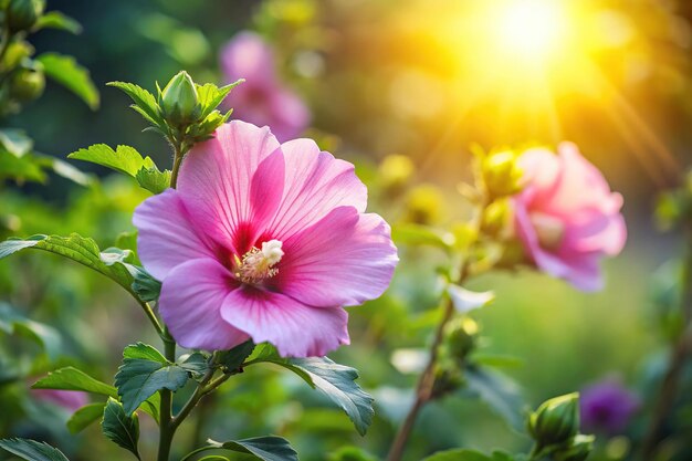 Image of Rose of Sharon flower in the sunlight with shallow depth of field