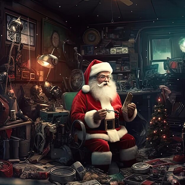 An image of a santa claus sitting in a messy room