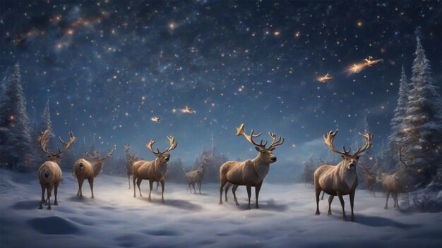 Image of santas reindeer flying through a starry sky