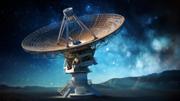 Photo image of a satellite dish with a starry night sky reflecting the blend of technology and the quest to explore the universe