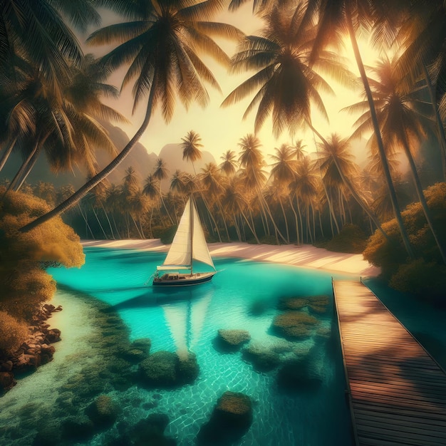 an image of a secluded lagoon surrounded by towering palms their leaves rustling softly water