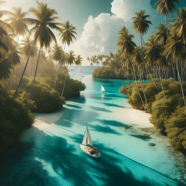 an image of a secluded lagoon surrounded by towering palms their leaves rustling softly water