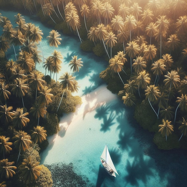 an image of a secluded lagoon surrounded by towering palms their leaves rustling softly water