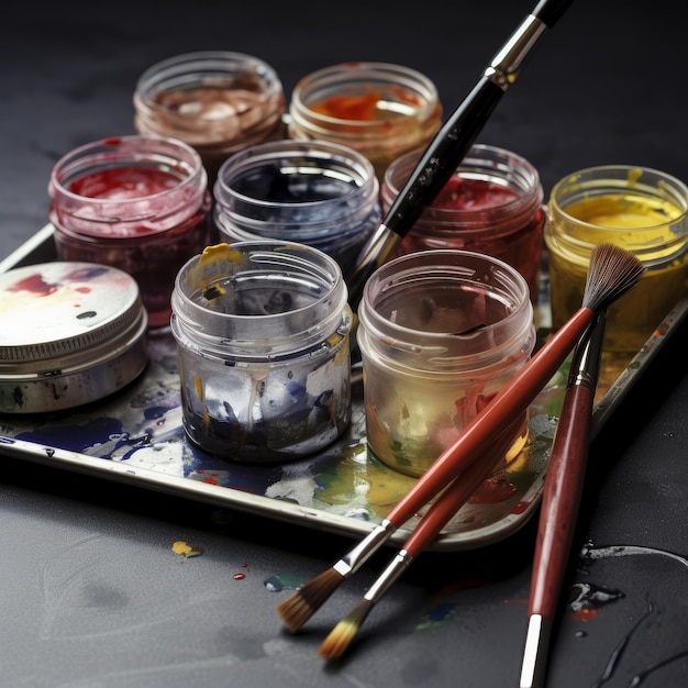 Image of Set of watercolour paints and paintbrushes generative AI