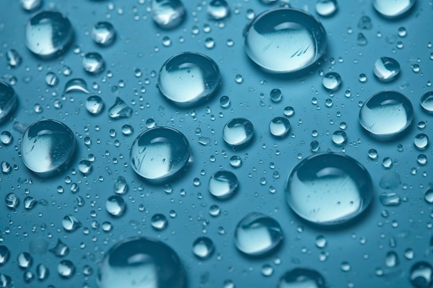 An image of several drops of water on a blue surface in the style of detailed texture matte photo contemporary candy coated light azure and sky blue generate ai