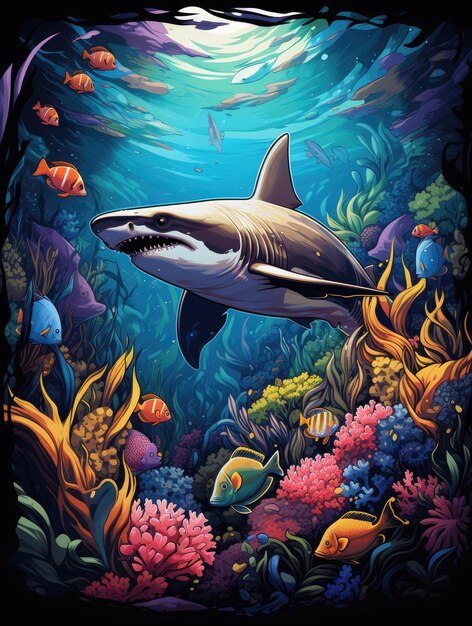 an image shark swimming gracefully amidst a vibrant underwater scene