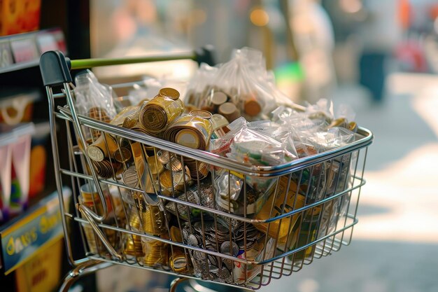 An image of a shopping cart overflowing with a large quantity of coins A shopping cart filled with commodities showing inflated prices AI Generated