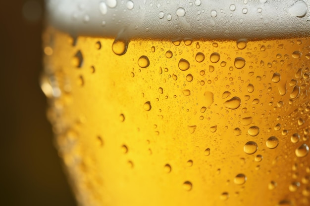 The image showcases the closeup view of condensation drops on a frosty pint of beer surrounded by