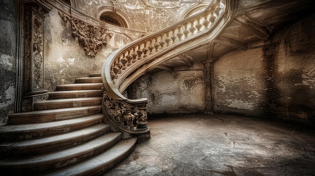 The image showcases a grand spiral staircase in an abandoned man