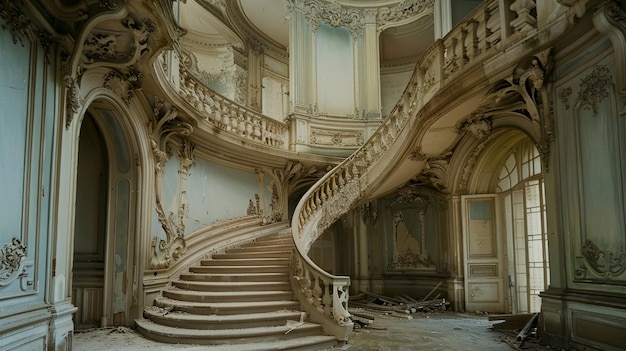 The image showcases a grand staircase in an abandoned palace emp