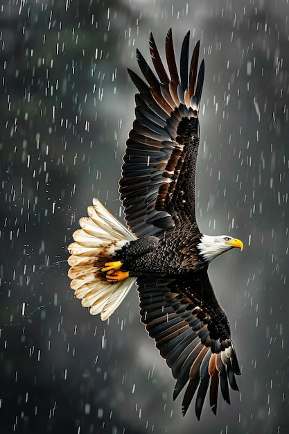 The image showcases a majestic bald eagle soaring against a backdrop of a grey rainy sky