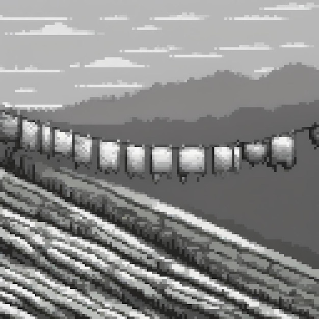 The image showcases a serene scene with a wooden structure a line of hanging flags and a mountain