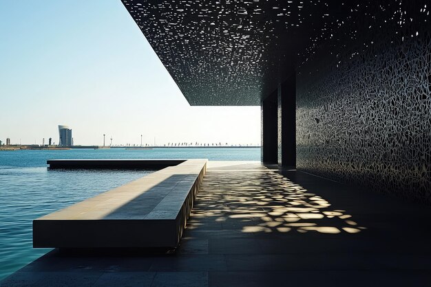 Photo image showcases stunning architectural design at louvre abu dhabi featuring intricate patterns and serene waterfront view interplay of light and shadow creates captivating atmosphere