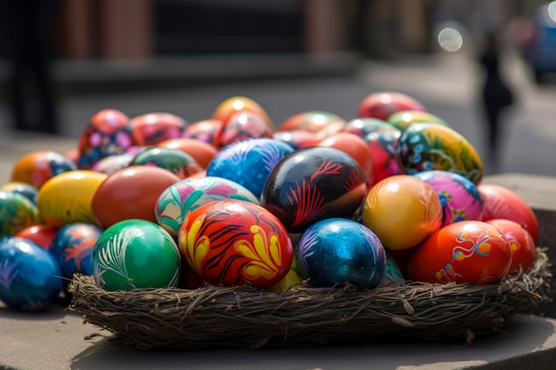 The image showcases a vibrant and colorful collection of Easter eggs arranged in a woven basket. created with Generative AI technology